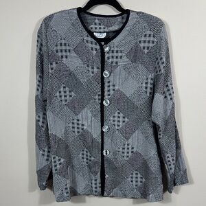 Caribe USA Gray Black Patchwork Knit Button Front Cardigan Jacket Women Medium